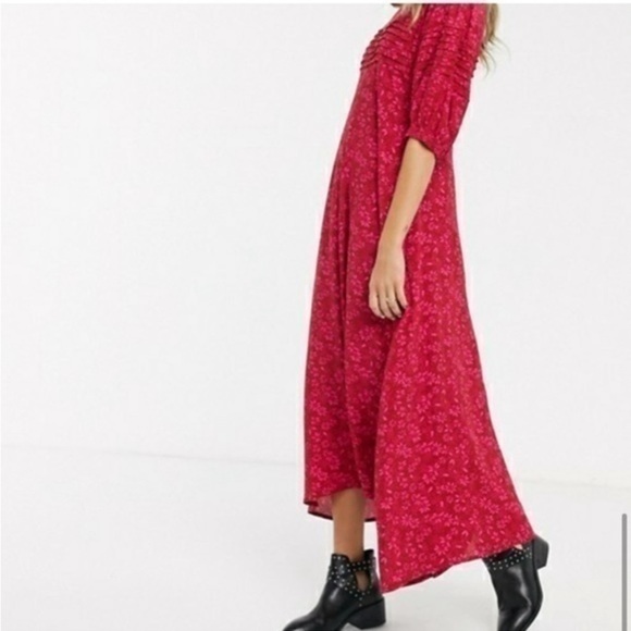 FREE PEOPLE Jessie MIDI Dress Pink Floral Flowy Puff Sleeves Size 4 Like New! - Picture 2 of 10